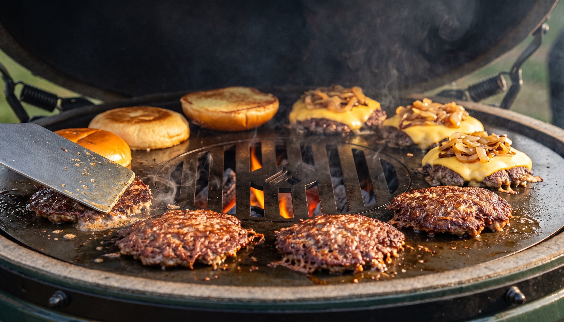 Smash burgers with melted cheese and caramelized onions on the Arteflame griddle ring in a kamado grill